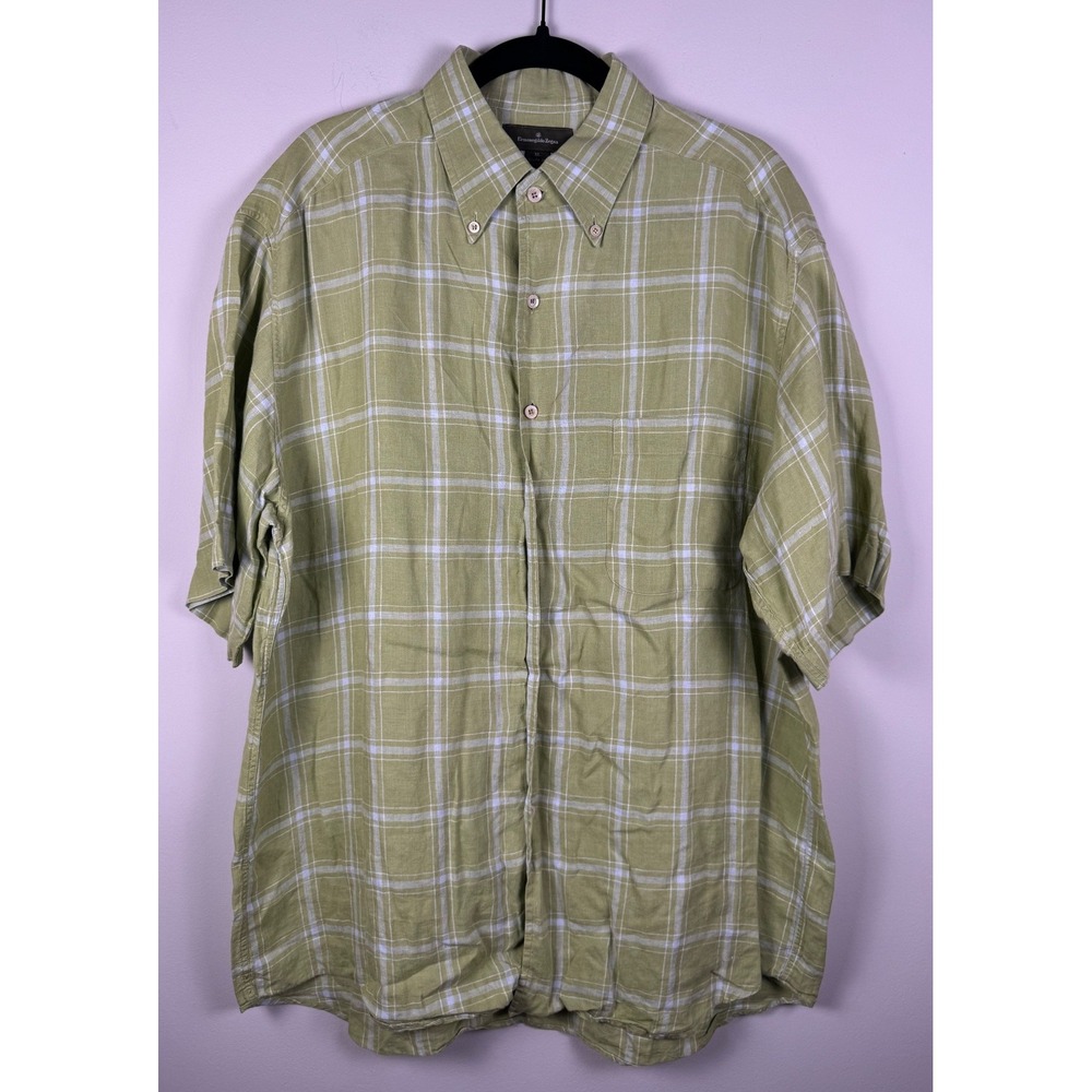Ermenegildo Zegna Mens XL Linen Short Sleeve Button Down Shirt Green Plaid Italy